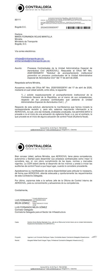 La Contraloría también pidió actas de comités de contratación, comunicaciones y la carta de renuncia del exjefe jurídico Farid Stemberg Parra Cano - crédito Contraloría General de la República