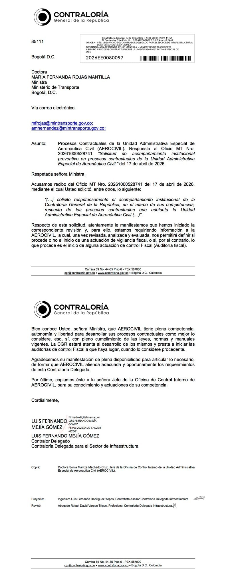 La Contraloría también pidió actas de comités de contratación, comunicaciones y la carta de renuncia del exjefe jurídico Farid Stemberg Parra Cano - crédito Contraloría General de la República
