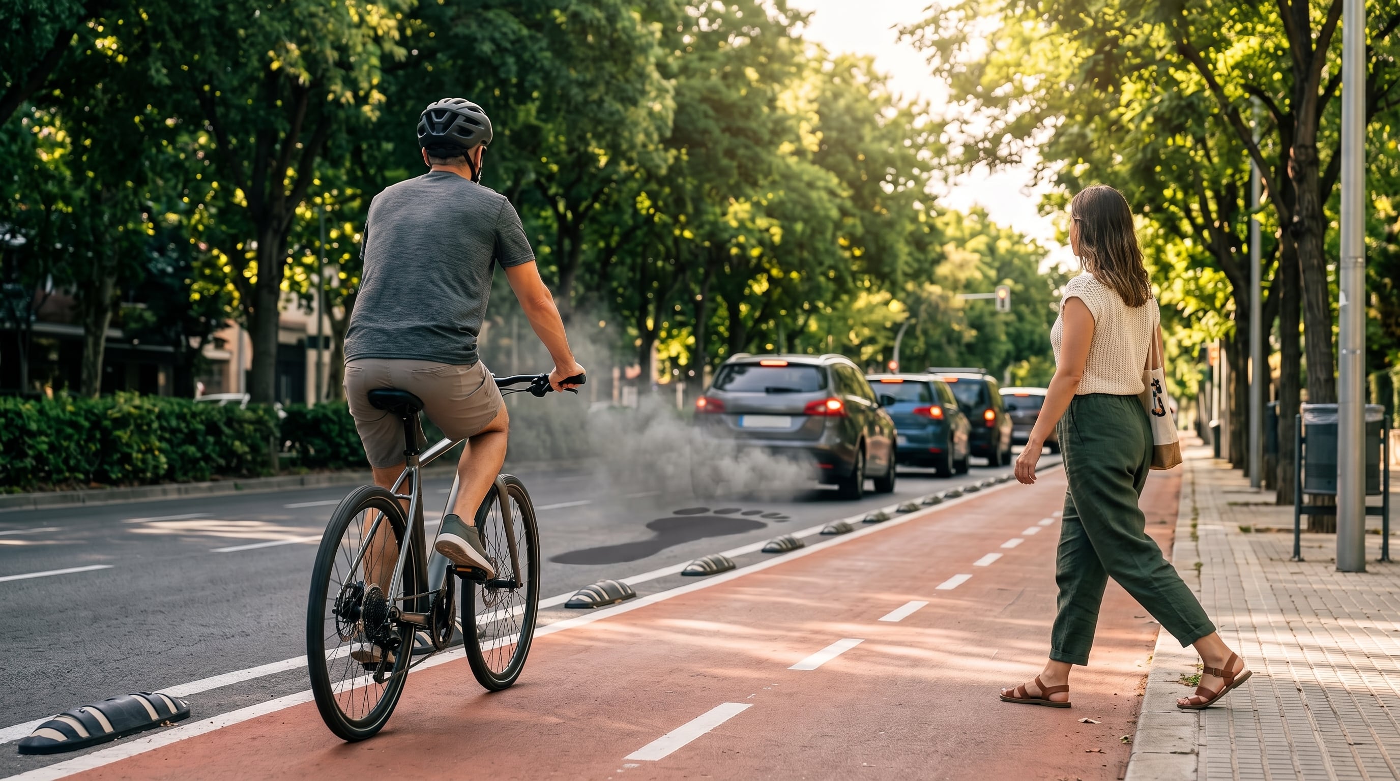 Un ciclista y una mujer transitan por una vía urbana arbolada junto a una fila de automóviles que emiten humo en la calzada. (Imagen Ilustrativa Infobae)