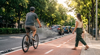 Un ciclista en una calle y una mujer caminando por la acera junto a varios automóviles que expulsan humo por el tubo de escape.