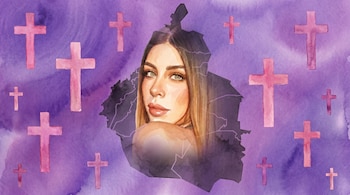 Ilustración en acuarela de Carolina Flores Gómez sobre un fondo morado con silueta del mapa de la Ciudad de México y cruces rosas dispersas.