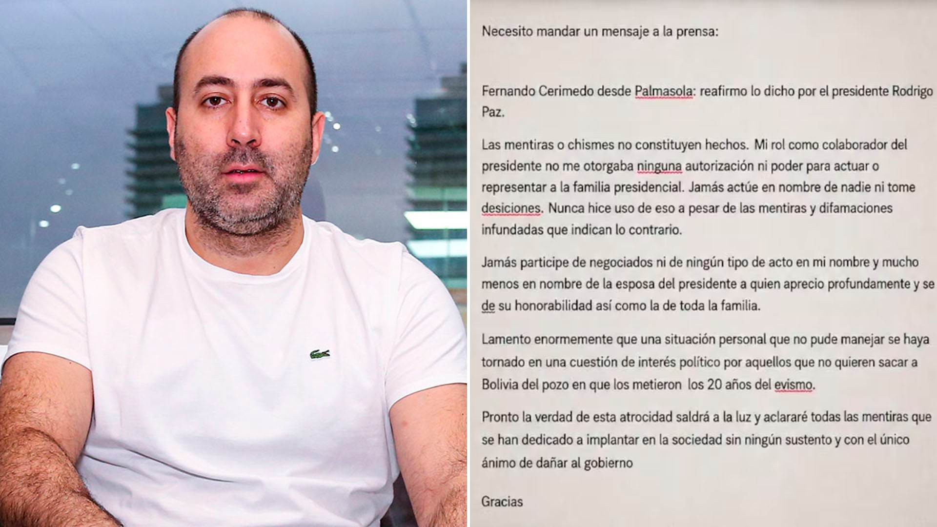El consultor Fernando Cerimedo envió una carta desde el centro penitenciario de Palmasola en la que defiende su actuación y niega haber participado en irregularidades.