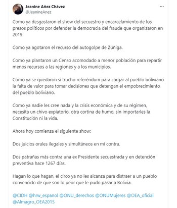 El mensaje de Jeanine Áñez