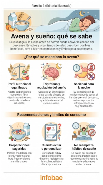 Infografía con ilustraciones de una persona durmiendo, tazón de avena, balanza nutricional, cerebro, estómago, lista médica.