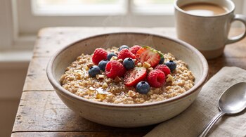 Un tazón con avena, frambuesas, arándanos, fresas y semillas se encuentra sobre una mesa de madera junto a una taza de café y una cuchara.