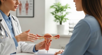 Una doctora con bata blanca y estetoscopio explica la anatomía del aparato reproductor femenino con un modelo a una paciente en un consultorio.