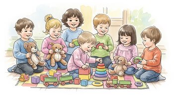Ilustración acuarela de siete niños, entre 1 y 5 años, sentados en una alfombra multicolor, jugando con bloques, trenes, aros apilables y osos de peluche.