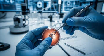Primer plano de manos con guantes azules examinando un modelo anatómico de ojo con un instrumento quirúrgico, con equipos de laboratorio al fondo.