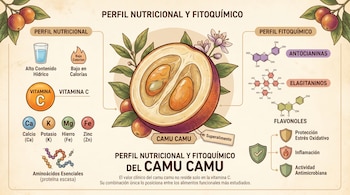 Infografía del camu camu con un fruto partido al centro, otros frutos, hojas, flores. Muestra su perfil nutricional y fitoquímico con estructuras moleculares.