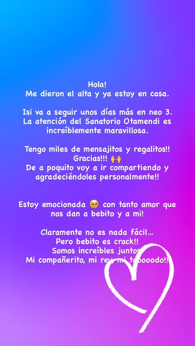 Isidro Fort permanece internado en neonatología y avanza favorablemente, según informó Rocío Marengo en sus redes sociales