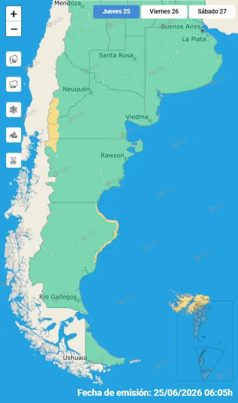 Un mapa del Servicio Meteorológico Nacional señala las advertencias por vientos para el jueves 25 de junio de 2026 en distintas regiones de Argentina y las Islas Malvinas.