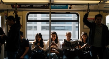 Personas sentadas y de pie dentro de un vagón del Metro de Los Ángeles, usando celulares y leyendo.