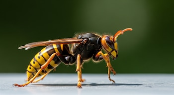 Macro de una avispa de patas amarillas (Vespa velutina) con cuerpo oscuro, abdomen con banda naranja y patas amarillas, sobre superficie clara y fondo verde.