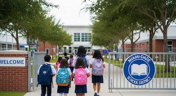 Grupo de estudiantes de espaldas con mochilas camina hacia una escuela. Verja metálica con cartel de bienvenida y logo de Miami-Dade.