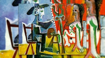 Pintura de Pablo Picasso, "El pintor y la modelo", con un fondo desenfocado que extiende sus colores y texturas. Muestra dos figuras cubistas.