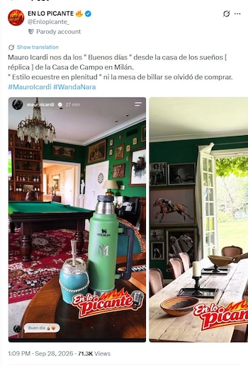 Captura de una publicación con dos fotografías del interior de una casa con paredes verdes, un mate, un termo y una mesa de billar