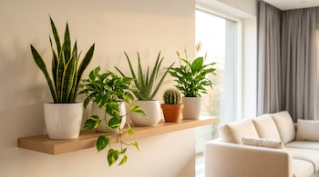 Repisa de madera clara con cinco macetas de cerámica blanca y terracota. Contienen una sansevieria, un poto, una aloe vera, un cactus y un espatifilo.