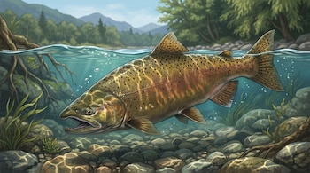 Pez salmón nadando en agua, rocas en el lecho del río, plantas acuáticas, raíces de árboles, árboles, montañas y cielo.