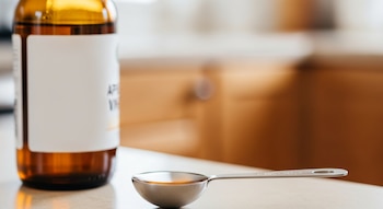 Primer plano de una botella de vinagre de manzana de vidrio ámbar y una cucharadita medidora de metal llena de líquido sobre una mesada de cocina.