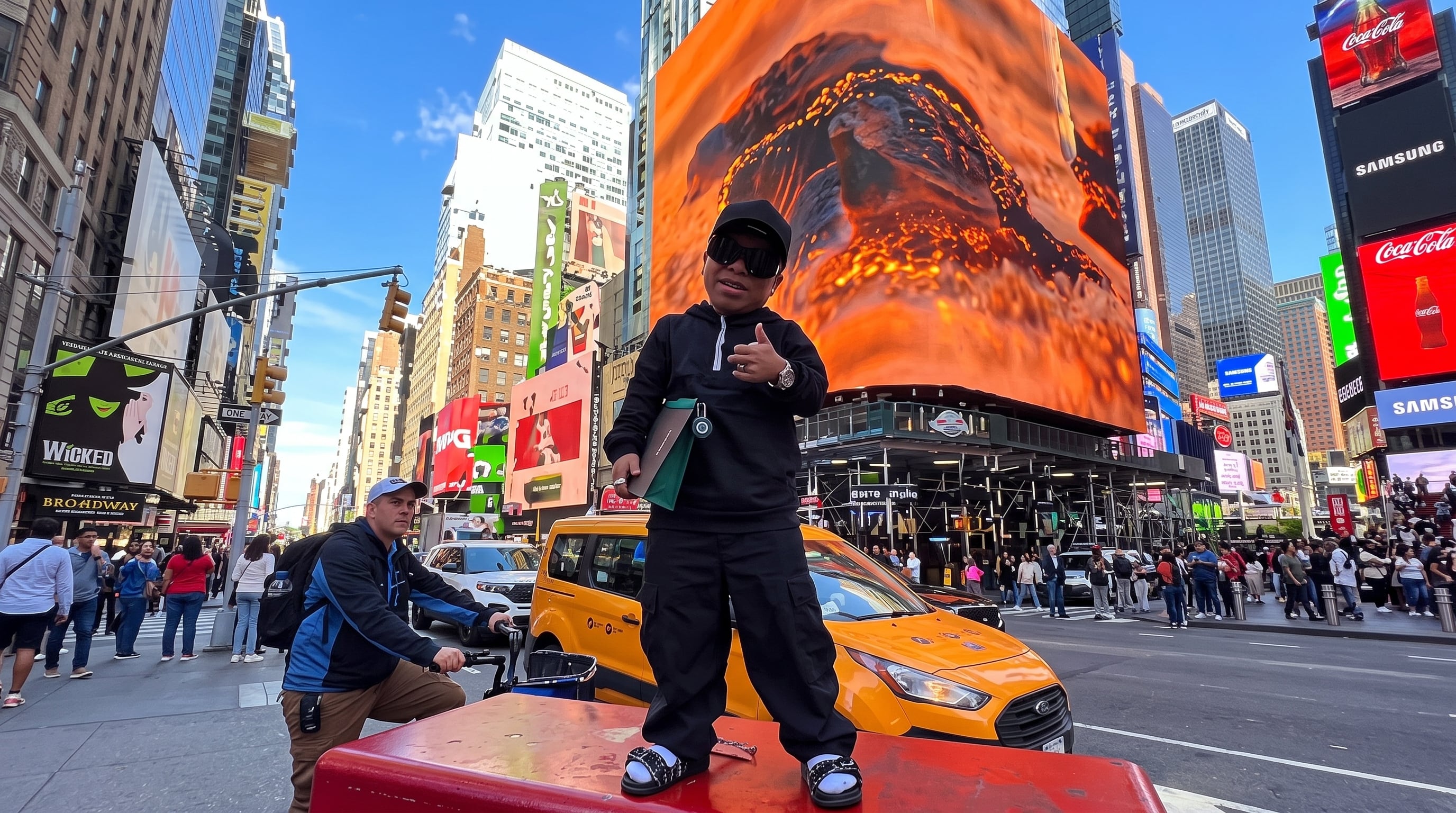 El influyente de redes sociales Hasbulla Magomedov realiza un gesto de aprobación sobre una estructura en Times Square, en la ciudad de Nueva York. (Imagen Ilustrativa Infobae/Captura de pantalla)