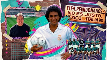 Un collage estilo años 80 con un futbolista sonriente sosteniendo un balón, un hombre en un estadio, una foto de equipo y un letrero de 'FIFA PERRDONANOS!'.