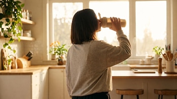 Una mujer de espaldas bebe de un recipiente con boquilla en una cocina con encimeras de madera, armarios blancos y una ventana