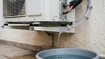 Una unidad exterior de aire acondicionado con tuberías de cobre, una manguera transparente que drena agua y un balde gris en el suelo