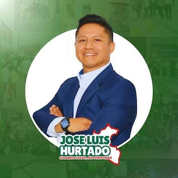 Retrato en círculo de un hombre sonriente con saco azul, brazos cruzados y el nombre José Luis Hurtado impreso en la parte inferior