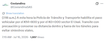 El accidente fue superado sobre las 7:18 a. m. - crédito Coviandina / X