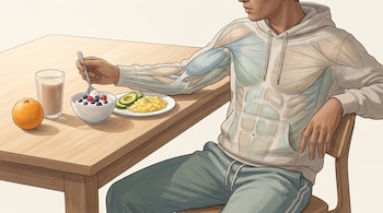 Persona sentada a la mesa ante un tazón de yogur y un plato con huevos, con una capa transparente que muestra los músculos de su torso y brazo.