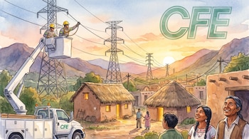 Trabajadores de CFE en camión con elevador instalan cables eléctricos. Hay torres de alta tensión, casas con techo de paja y personas indígenas observan.