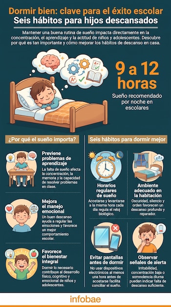 Infografía con un dibujo de un niño durmiendo, recuadros informativos, íconos de un reloj, un teléfono móvil y textos sobre hábitos de descanso.