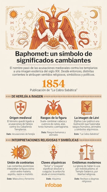 Infografía con la ilustración de Baphomet, con cabeza de cabra y alas, junto a secciones explicativas y el logotipo de Infobae.