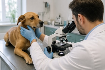 Un veterinario con bata blanca y guantes azules utiliza un microscopio junto a un perro de pelaje marrón sobre una mesa metálica.