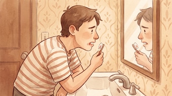 Ilustración de un joven que mira sangre en su cepillo de dientes frente al espejo del baño, con un lavabo y un grifo.
