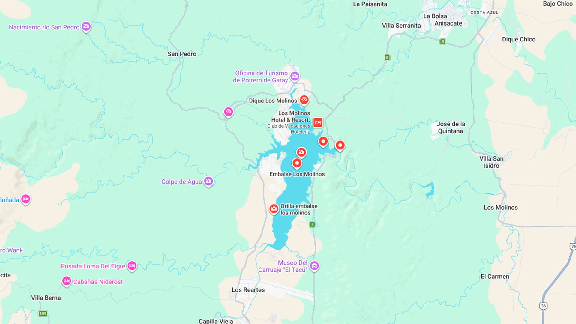 La ubicación del Embalse Los Molinos, a unos 70 kilómetros de Córdoba capital (Google Maps)