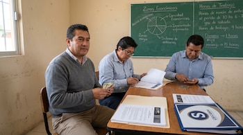 Três homens na sala de um professor. Um com notas, um verificando papéis e outro contando moedas. Documentos da SEP e da USICAMM sobre a mesa. quadro verde ao fundo.