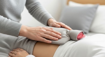 Primer plano de manos que colocan una bolsa de agua caliente gris con tapón rojo en el abdomen de una persona acostada bajo una manta blanca.