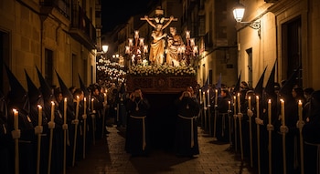 Una procesión nocturna de Semana Santa en una calle estrecha. Nazarenos con capirotes oscuros y cirios encendidos flanquean un paso religioso.