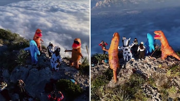 Sujeto celebra su cumpleaños de manera extrema al subir con amigos vestidos de dinosaurios al Pico Cuauhtémoc, Nuevo León