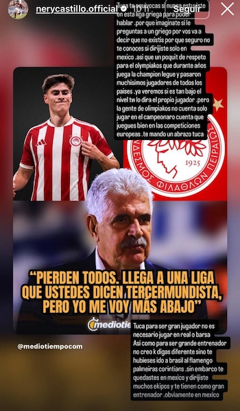 Nery Castillo descalificó la carrera de Ferreti, pidió “respeto para el Olympiacos” y recordó que el club compite regularmente en Champions League y Europa League. (Instagram/ @nerycastillo.official)