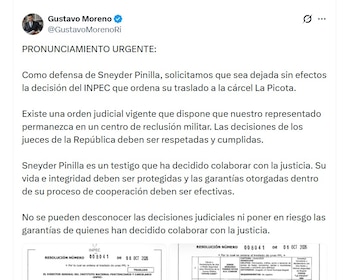 Luis Gustavo Moreno, abogado de Sneyder Pinilla, cuestionó la decisión del Inpec y reclamó el cumplimiento de una orden judicial relacionada con el lugar de reclusión del exfuncionario - crédito @GustavoMorenoRi/X