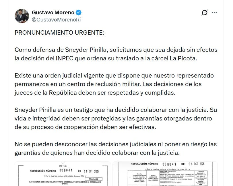 Luis Gustavo Moreno, abogado de Sneyder Pinilla, cuestionó la decisión del Inpec y reclamó el cumplimiento de una orden judicial relacionada con el lugar de reclusión del exfuncionario - crédito @GustavoMorenoRi/X