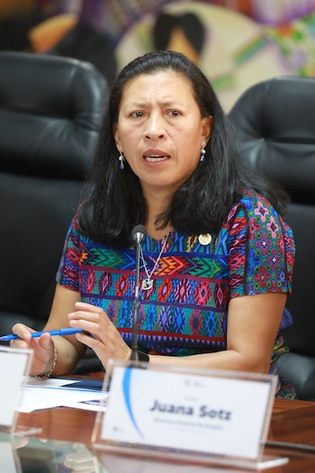 Mujer de cabello oscuro, Juana Sotz, sentada con blusa tejida colorida, hablando por micrófono en una mesa, con placa de nombre visible