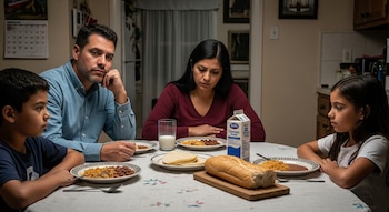 Una familia latina de cuatro personas sentada a una mesa de cocina, con expresiones de preocupación, frente a platos con frijoles, arroz, tortillas y un pan.