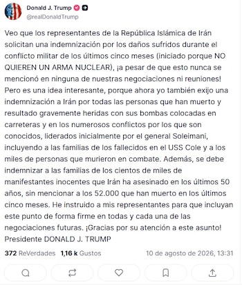 El posteo de Trump pidiendo compensaciones a Irán.