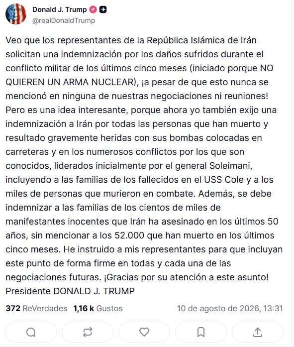 El posteo de Trump pidiendo compensaciones a Irán.