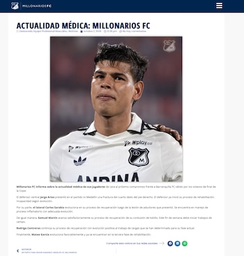El defensor Jorge Arias no hará parte de la convocatoria de Alberto Gamero para el juego ante Barranquilla-crédito Millonarios FC