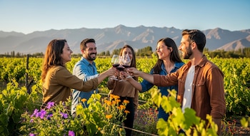 Cuatro personas, dos hombres y dos mujeres, brindan con copas de vino tinto en un viñedo. Hay flores y plantas, y montañas en el fondo bajo un cielo azul claro.