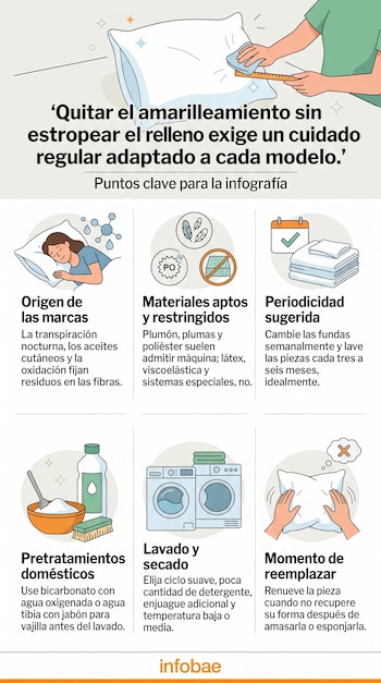 Infografía con ilustraciones de una persona durmiendo, productos de limpieza, una lavadora y texto sobre el cuidado de las almohadas.